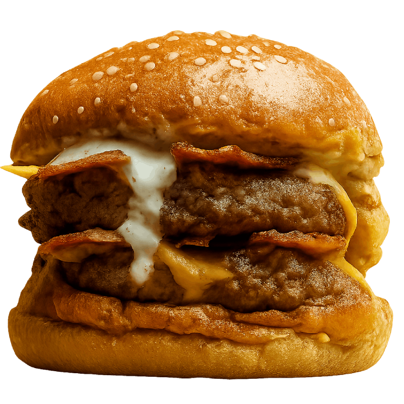 The Burgerzzz towering double cheeseburger with bacon, ranch sauce, and sesame seed bun.